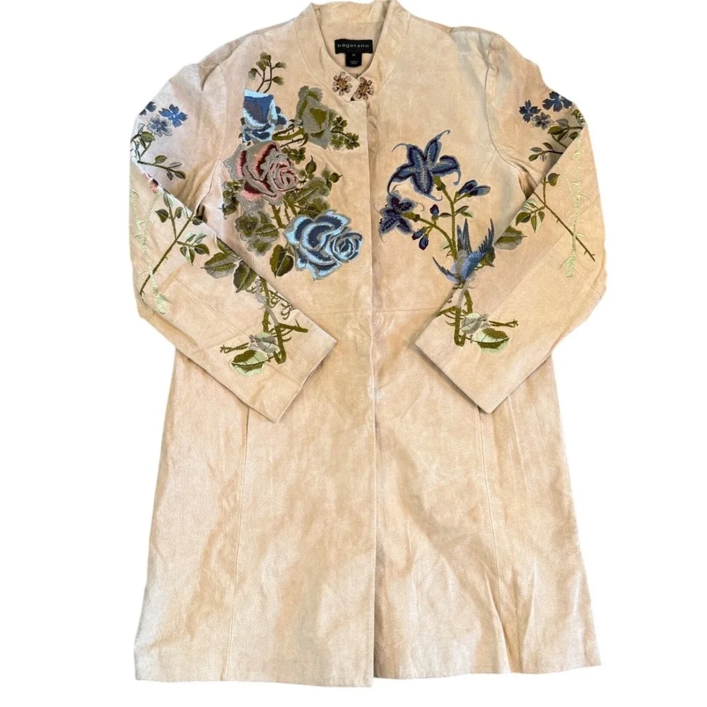 Beautiful‎ Bagatelle Genuine Leather Floral Embroidered Long Jacket Coat Size 14